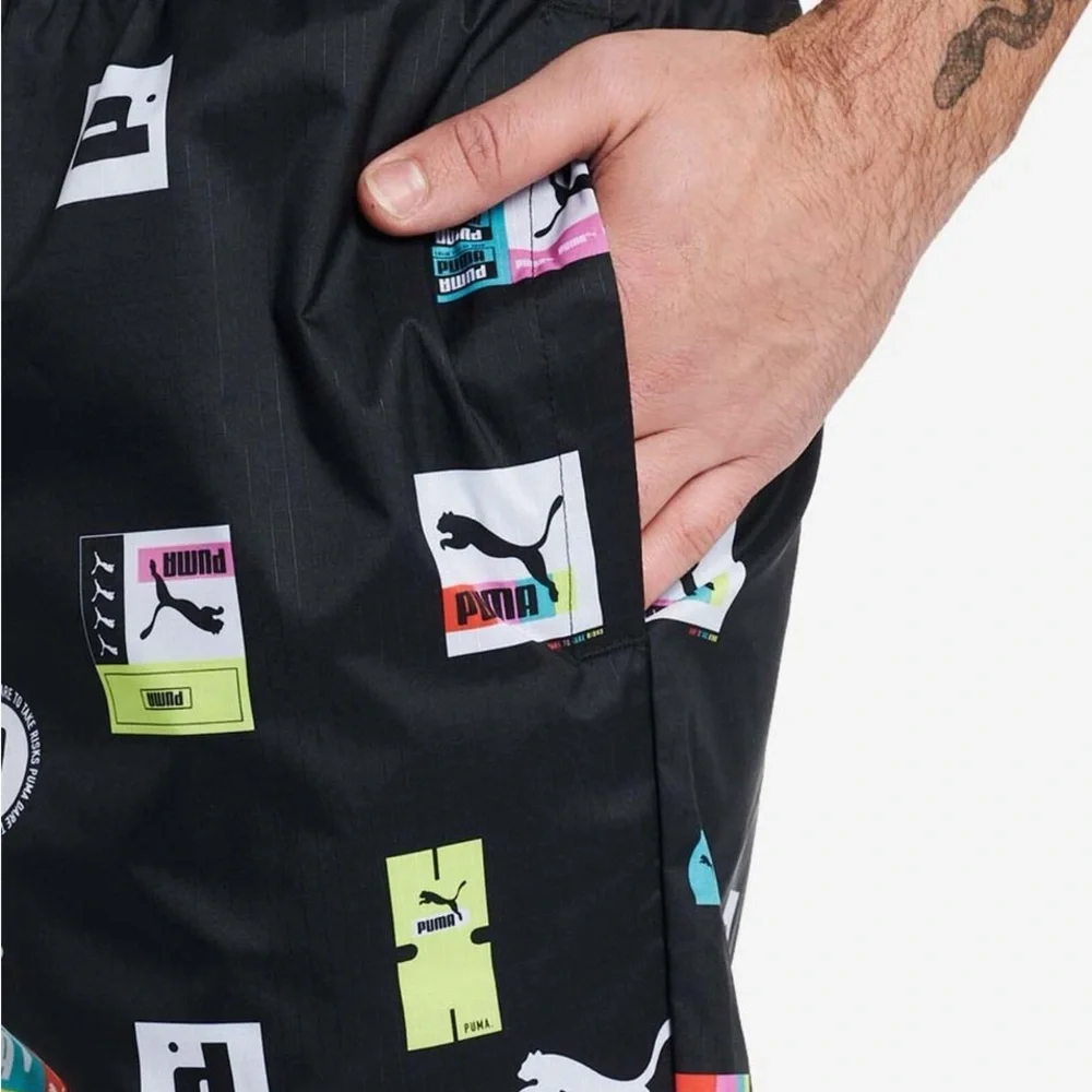 PUMA Men's Multi All Over Logo Sportswear Active Performance Gym Black Shorts - Picture 7 of 13